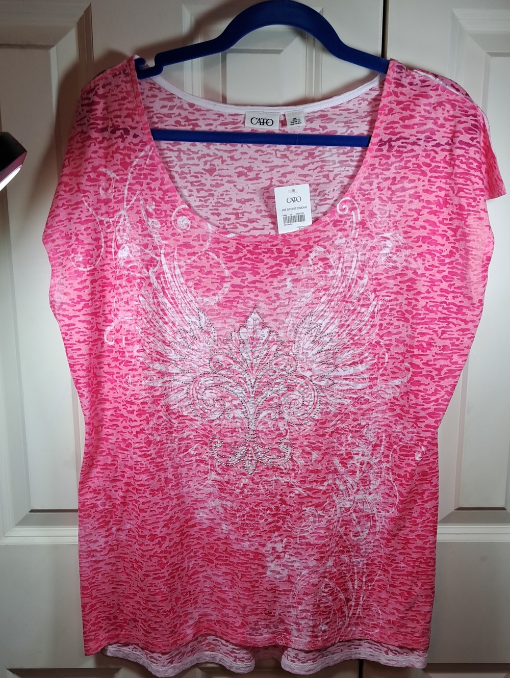 Cato Hot Pink Short Sleeve Scoop Neck Top with White Glitter Fleur Design